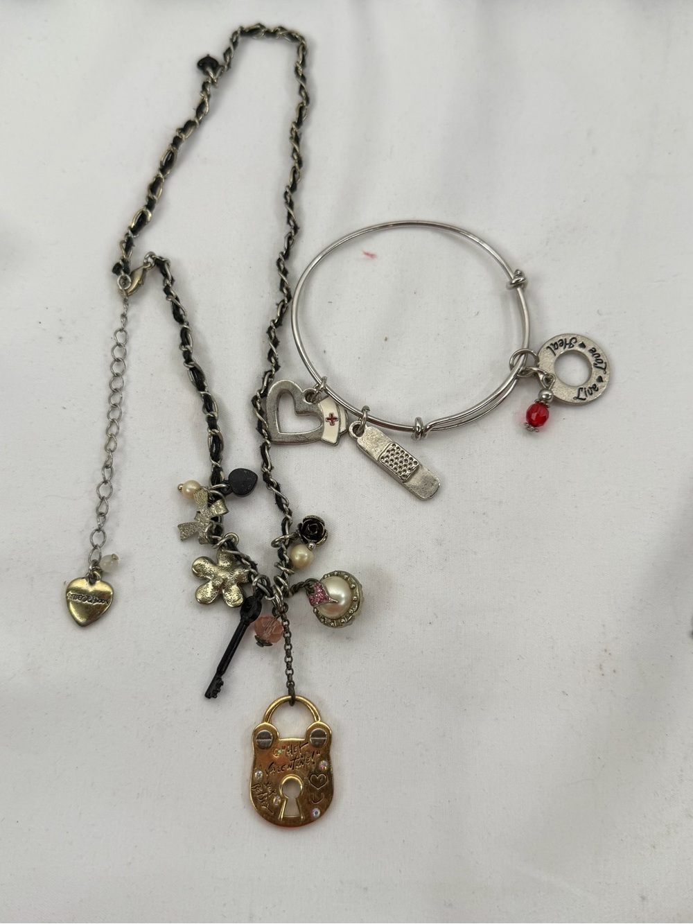 Mixed Metal Heart & Lock Charm Necklace and Bangle Set - Silver and Gold Accents
